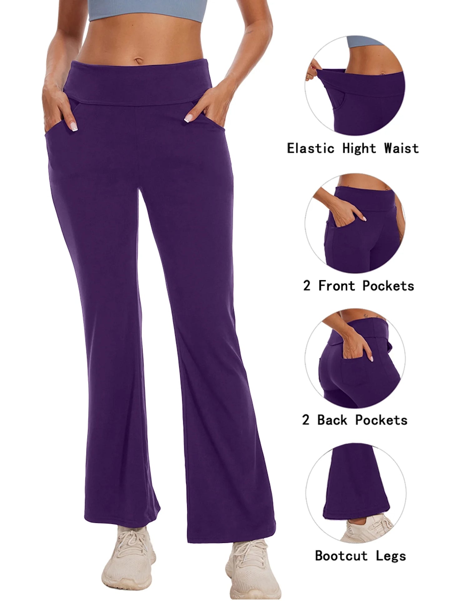 Women Bootcut Yoga Pants with Pockets Female High Waist Bootleg Trousers Workout Activewear Purple 3XL