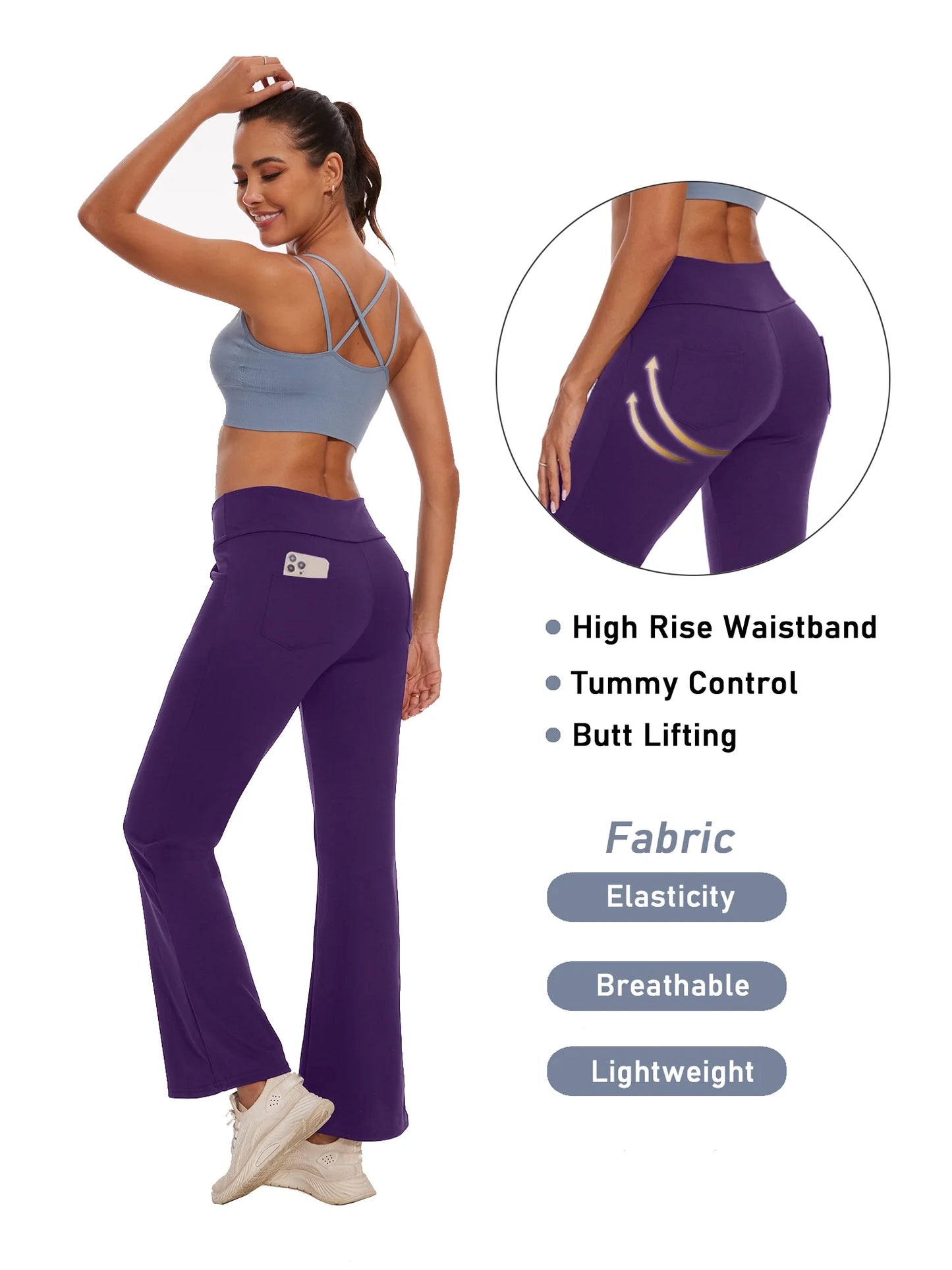 Women Bootcut Yoga Pants with Pockets Female High Waist Bootleg Trousers Workout Activewear Purple 3XL
