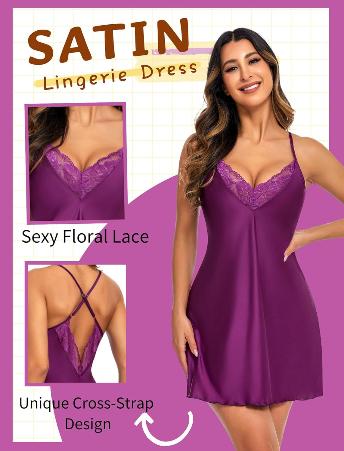 Silk Nightgown for Women Sexy Lingerie Dress Babydoll Lace Lingerie V Neck Sleeveless Nightgown