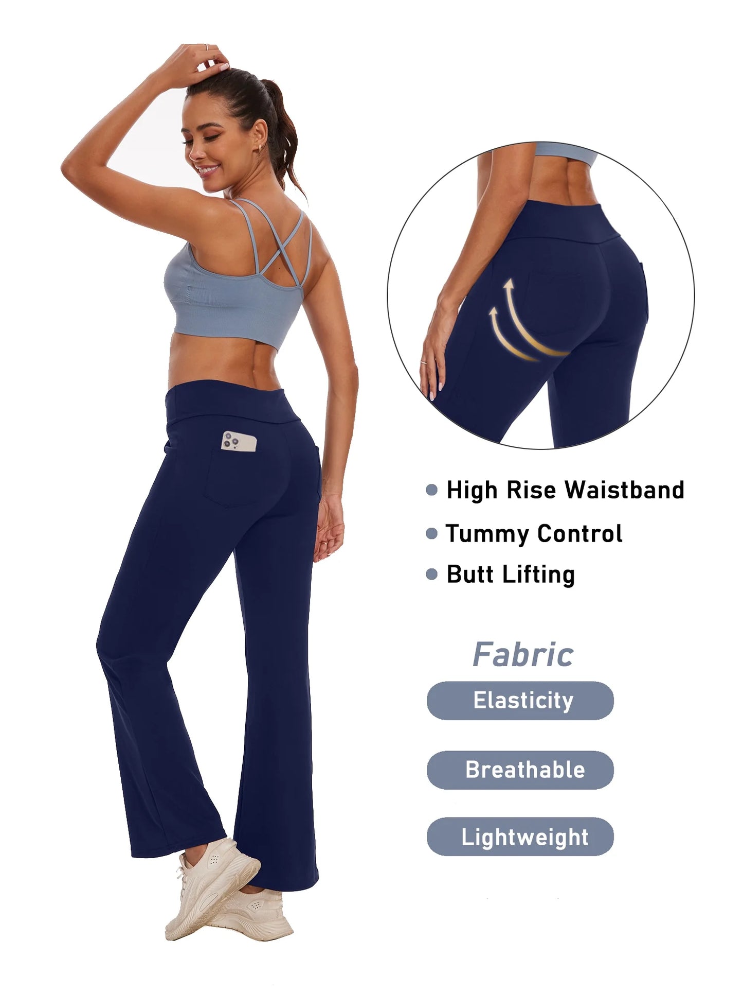 Women Bootcut Yoga Pants with Pockets Female High Waist Bootleg Trousers Workout Activewear Navy Blue 3XL