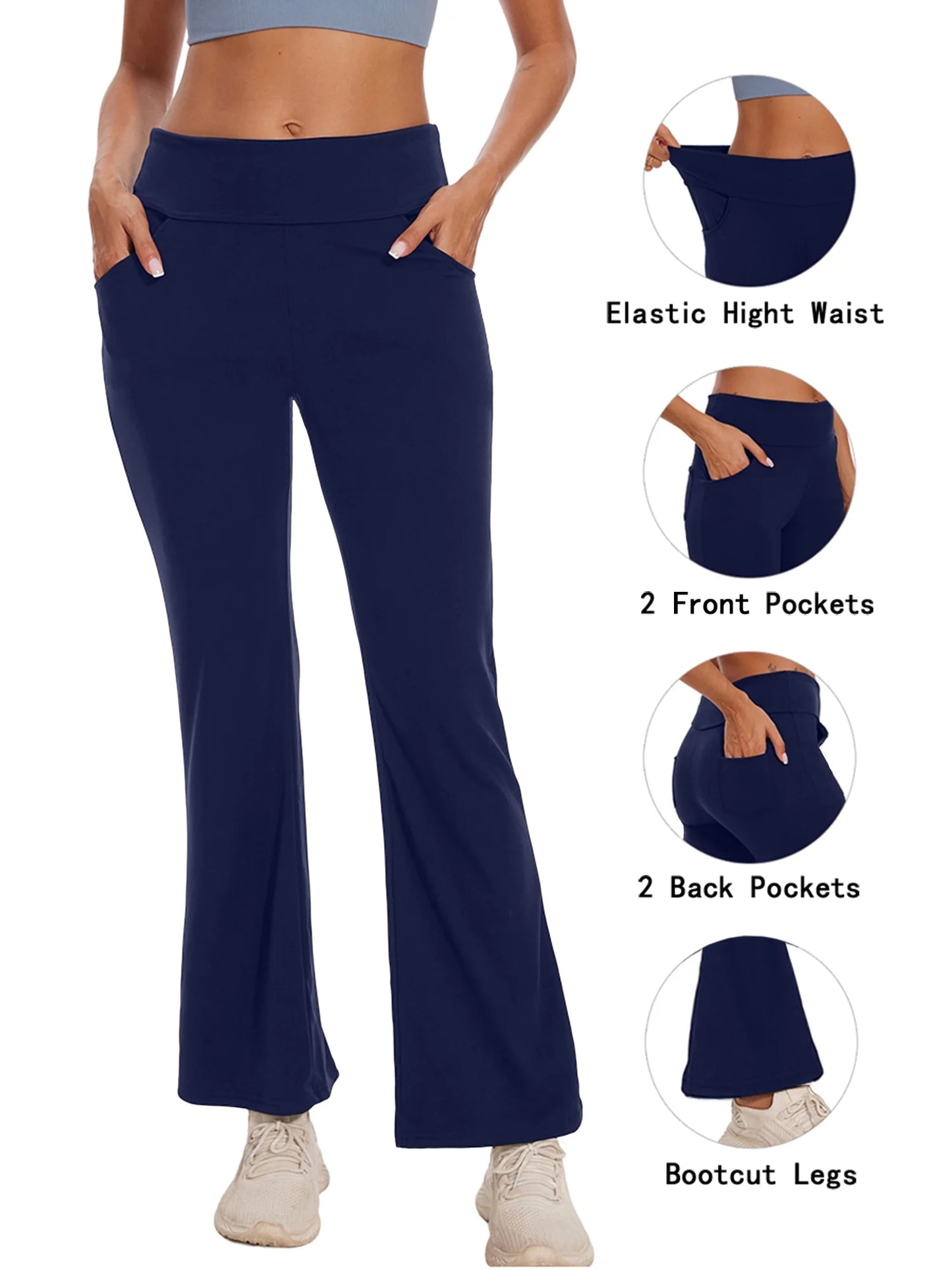 Women Bootcut Yoga Pants with Pockets Female High Waist Bootleg Trousers Workout Activewear Navy Blue 3XL