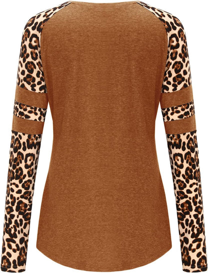 Women'S Long/Short Sleeve Leopard Print Color Block Tunic Tops Casual Raglan Shirt