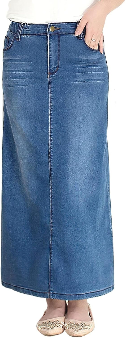 Long Denim Skirts for Women High Waist a Line Jean Maxi Skirt with Pockets